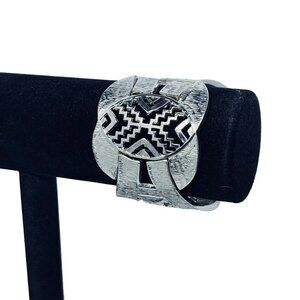 Vintage Silver Tone Open Work Wide Paneled Stretch Bracelet (5523)